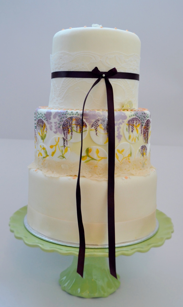 wisteria cake design, yellow and purple wedding cake, painted floral wedding cake, hand painted wedding cake, pastel wedding cake with lace, peach lemon and purple cake, english garden wedding cake,